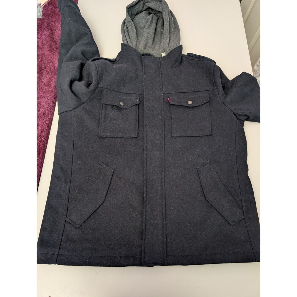Levi's Men's Wool Blend Hooded Military Jacket Navy Blue Coat XL LM8RP403